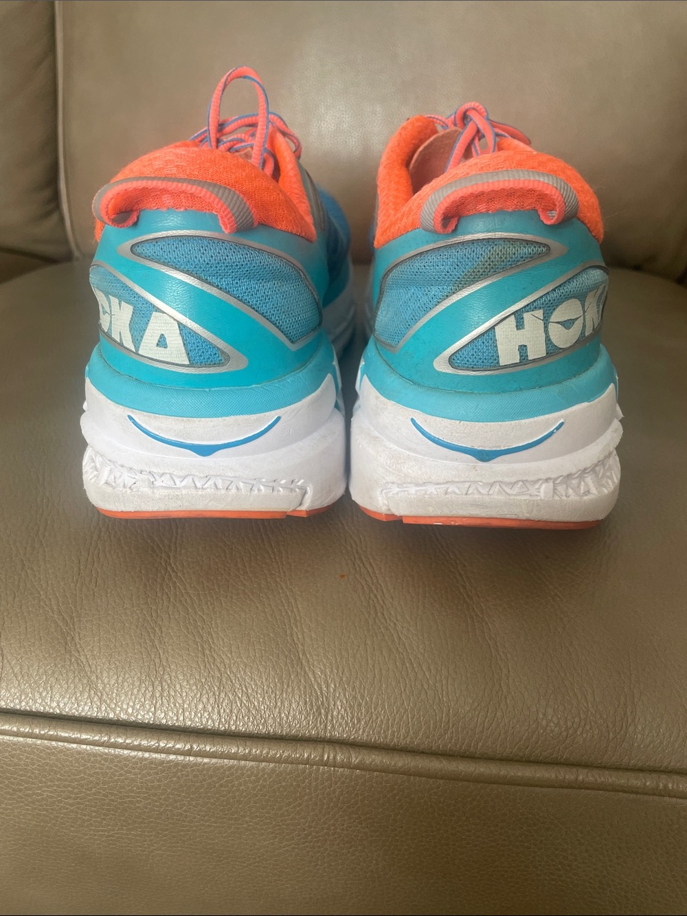Hoka One One Women's Teal and Orange Cushioned Running Shoes - Picture 4 of 7